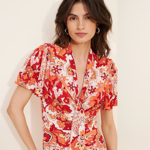 Cinq a Sept Peeta Ruched Damask Midi Dress pink poppy multi size 6 - Picture 4 of 9